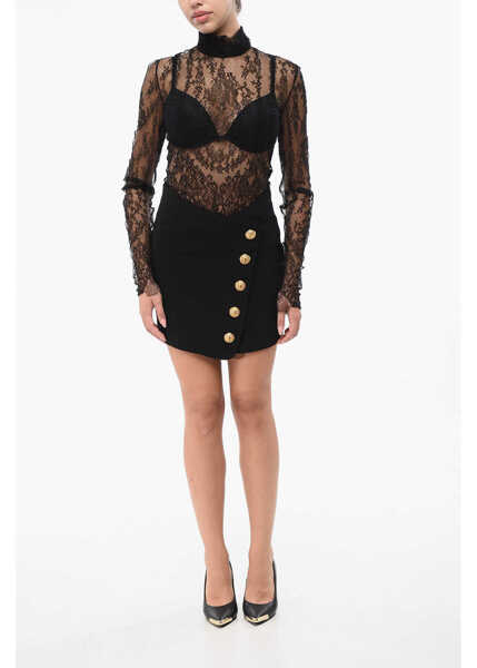 Fuste casual Balmain Wrap Skirt With Gold Finish Buttons Black Femei (BM 18765751) 4