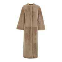 Paltoane Beige Shearling Coat With Round Neckline And Hidden Fastening In Fur Woman Femei