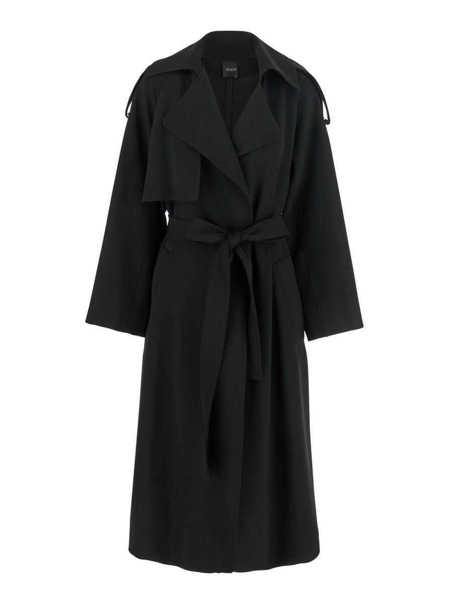 Paltoane PLAIN Black Double-Breasted Trench Coat With Matching Belt In Cady Woman Black Femei (BM 18767457) 1