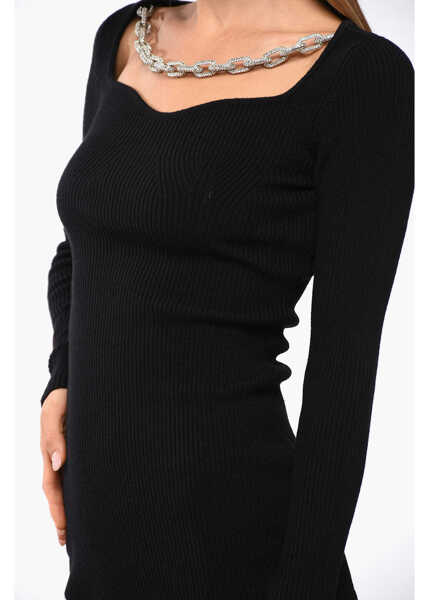 Rochii scurte GIUSEPPE DI MORABITO Wool Merinos Ribbed Bodycon Dress With Jewel Chain Black Femei (BM 18775297) 4