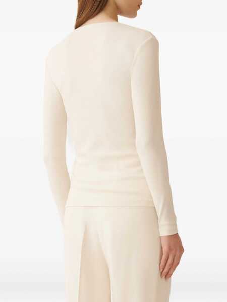 Tricouri Fabiana Filippi RIBBED COTTON V NECK LONG SLEEVE T-SHIRT WITH TULLE TRIM White Femei (BM 18780729) 4