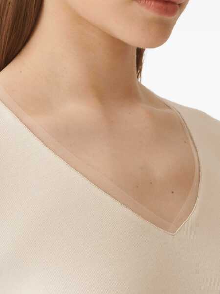 Tricouri Fabiana Filippi RIBBED COTTON V NECK LONG SLEEVE T-SHIRT WITH TULLE TRIM White Femei (BM 18780729) 5