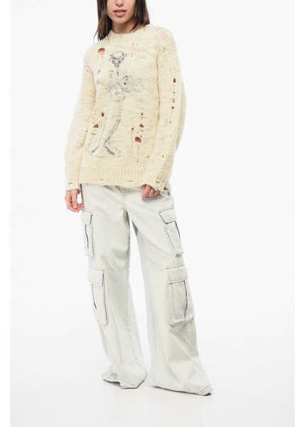 Pulovere R13 Distressed Effect Crew-Neck Sweater White Femei (BM 18786901) 4