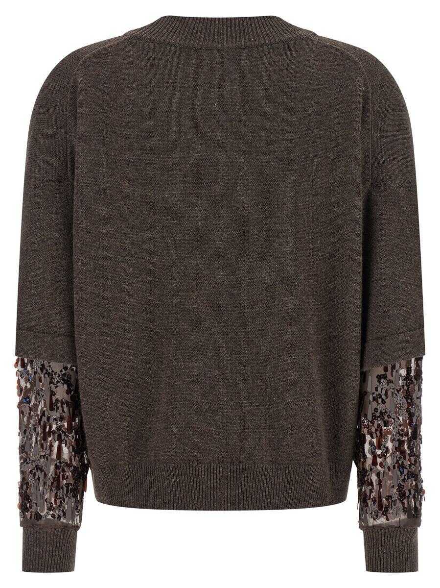 Pulovere Brunello Cucinelli Brunello Cucinelli Sequin Sleeve Sweater BROWN Femei (BM 18799053) 2