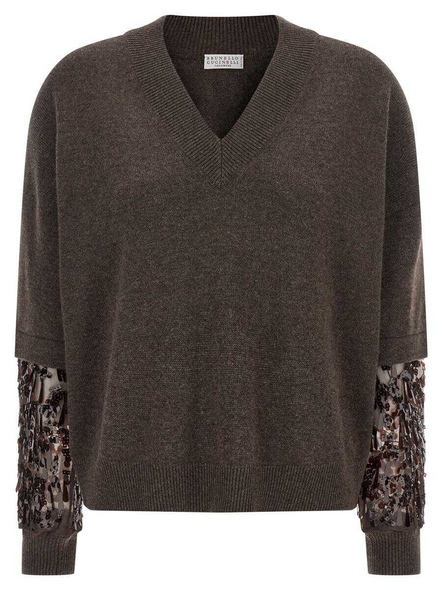 Pulovere Brunello Cucinelli Brunello Cucinelli Sequin Sleeve Sweater BROWN Femei (BM 18799053) 1
