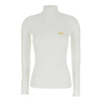 Pulovere White Turtleneck Sweater With Logo Plaque On The Front In Silk Blend Woman Femei