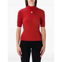 Pulovere Courrèges Red Rib-Knit Short-Sleeve Sweater Femei