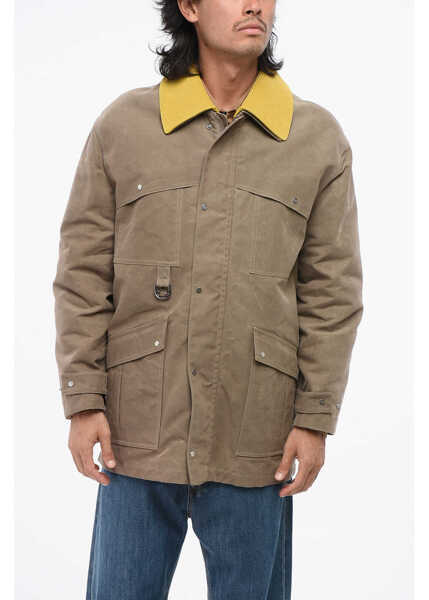 Jachete Fendi Waxed Cotton Blend Utility Jacket With Leather Collar Beige Barbati (BM 18890665) 1