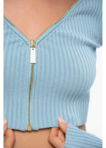 Bluze Elisabetta Franchi Ribbed Crop Top With Front Zip Light Blue Femei (BM 18890788) 3