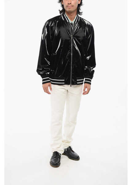 Bomber jacket Alexander McQueen Solid Color Bomber Jacket With Shine Finish And Striped Edge Black Barbati (BM 18891433) 4