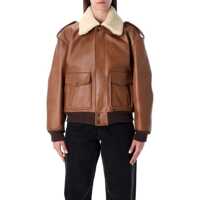Bomber jacket Saint Laurent Brown Leather Bomber Jacket With Shearling Collar Femei
