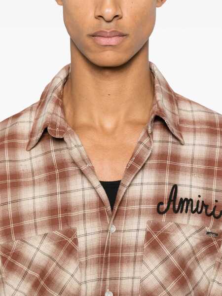 Camasi AMIRI Shotgun Beige Shirt With Logo Print On Front And Rear And  All-Over Check Motif In Cotton Man BROWN Barbati (BM 18939063) 5