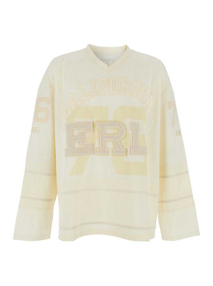 Tricouri ERL White Long-Sleeve T-Shirt With V Neck And Maxi Logo On The Front In Tech Fabric Man WHITE Barbati (BM 18941049) 1