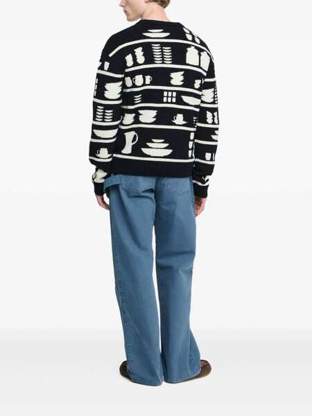 Pulovere JW Anderson Black And White Crewneck Sweater With Tableware Motif In Wool Man Multicolor Barbati (BM 18942771) 3