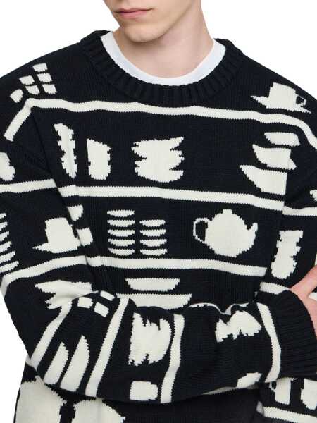 Pulovere JW Anderson Black And White Crewneck Sweater With Tableware Motif In Wool Man Multicolor Barbati (BM 18942771) 4
