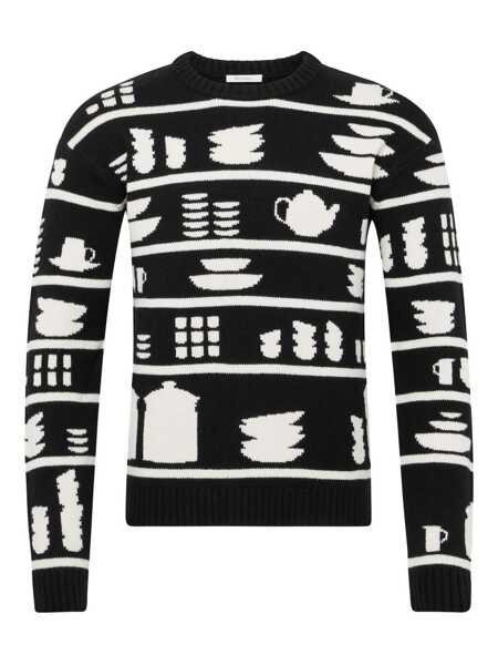 Pulovere JW Anderson Black And White Crewneck Sweater With Tableware Motif In Wool Man Multicolor Barbati (BM 18942771) 1