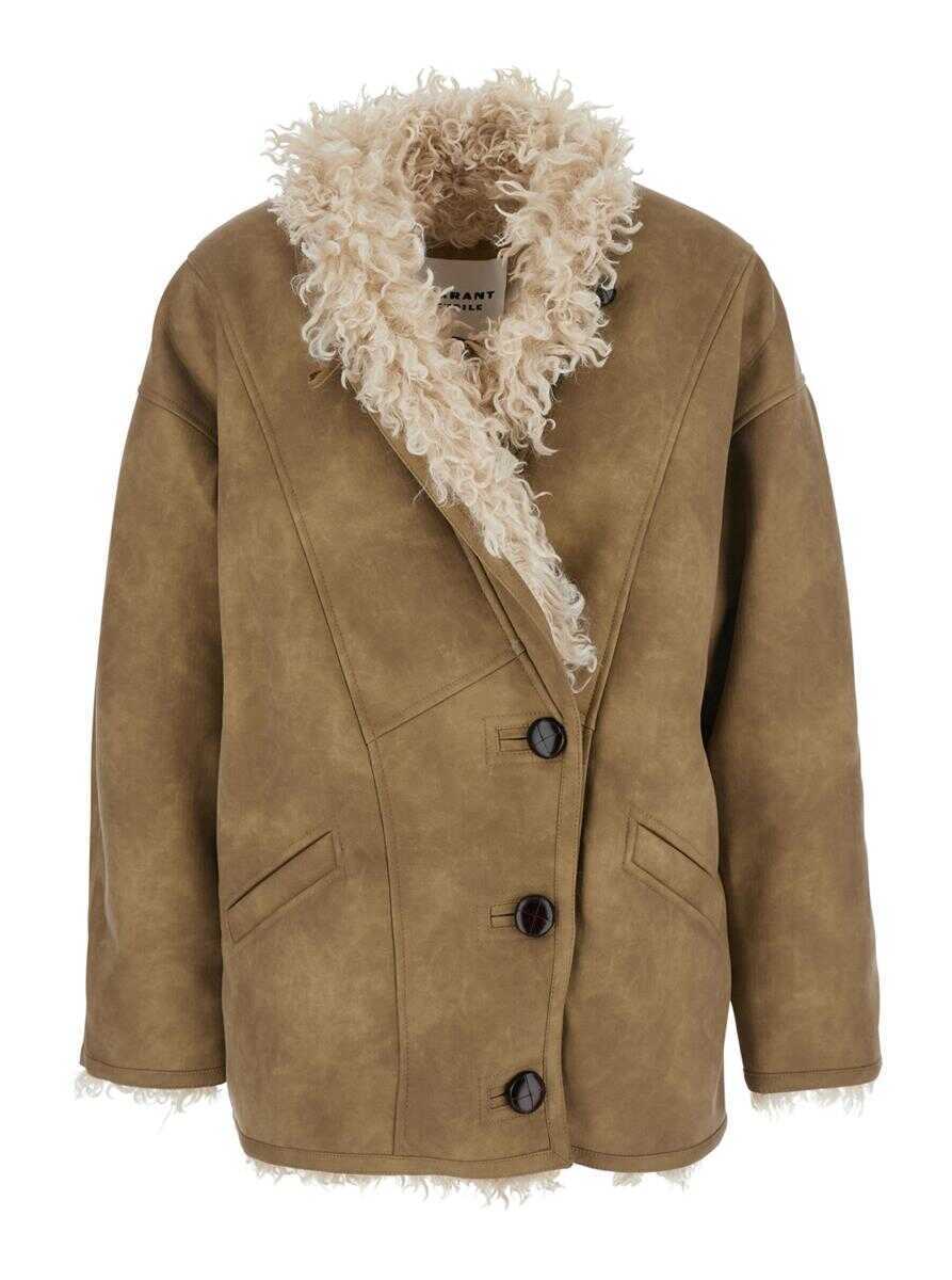 Paltoane Isabel Marant Beige Shearling Coat With High Collar And Button Closure In Leather And Fur Woman Beige Femei (BM 18943359) 4