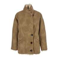 Paltoane Beige Shearling Coat With High Collar And Button Closure In Leather And Fur Woman Femei