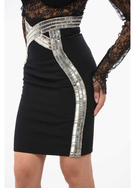 Fuste scurte Balmain Pencil Skirt Embellished With Rhinestones Black Femei (BM 18949348) 2