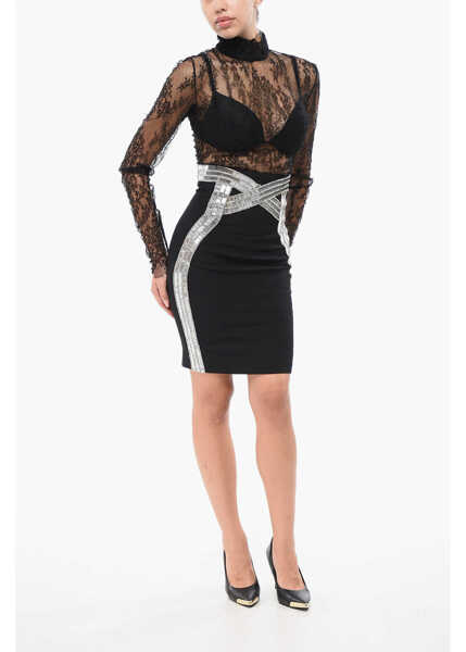 Fuste scurte Balmain Pencil Skirt Embellished With Rhinestones Black Femei (BM 18949348) 3