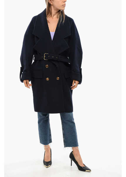 Paltoane Balmain Wool Blend Double-Breasted Coat With Belt Blue Femei (BM 18949354) 4