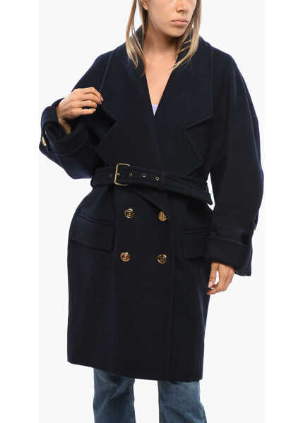 Paltoane Balmain Wool Blend Double-Breasted Coat With Belt Blue Femei (BM 18949354) 1