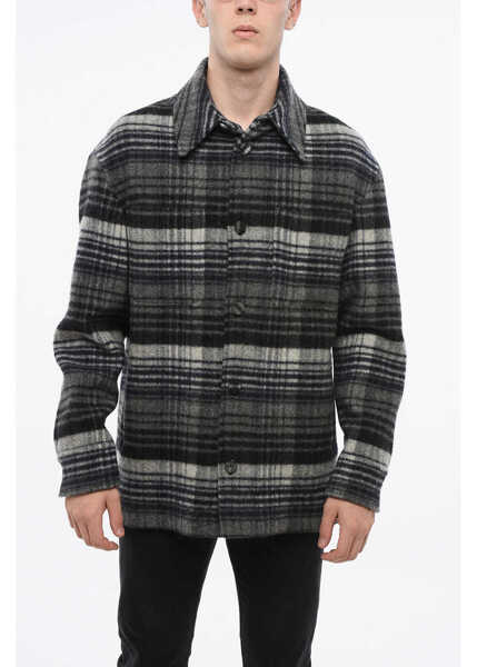 Jachete Fendi Checked Virgin Wool Overshirt With Double Breast Pocket Blue Barbati (BM 18949393) 1