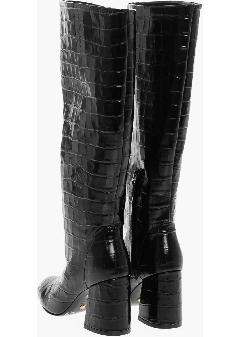 Cizme lungi Stuart Weitzman Crocodile Effect Embossed Leather Boots 9Cm Black Femei (BM 18951361) 2