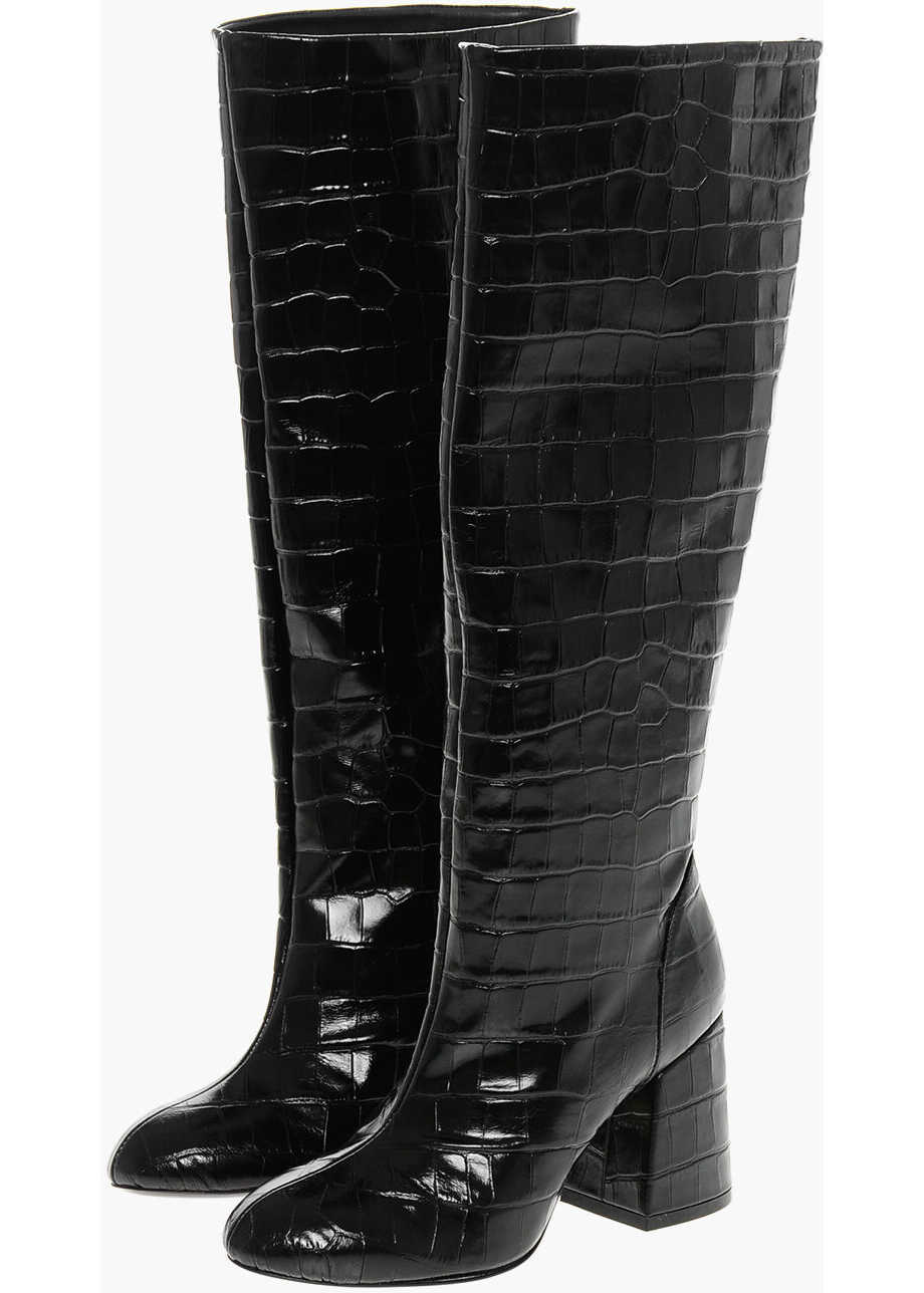 Cizme lungi Stuart Weitzman Crocodile Effect Embossed Leather Boots 9Cm Black Femei (BM 18951361) 1