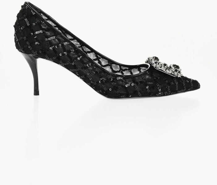 Pantofi stiletto Roger Vivier Sequined Flower Strass Pumps With Jewel Buckle 7Cm Black Femei (BM 18951526) 3