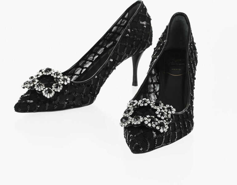 Pantofi stiletto Roger Vivier Sequined Flower Strass Pumps With Jewel Buckle 7Cm Black Femei (BM 18951526) 1