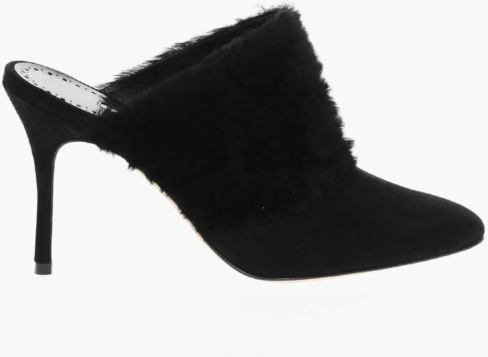 Saboti Manolo Blahnik Suede Pelos Mules With Eco-Fur Detail 10Cm Black Femei (BM 18951550) 3