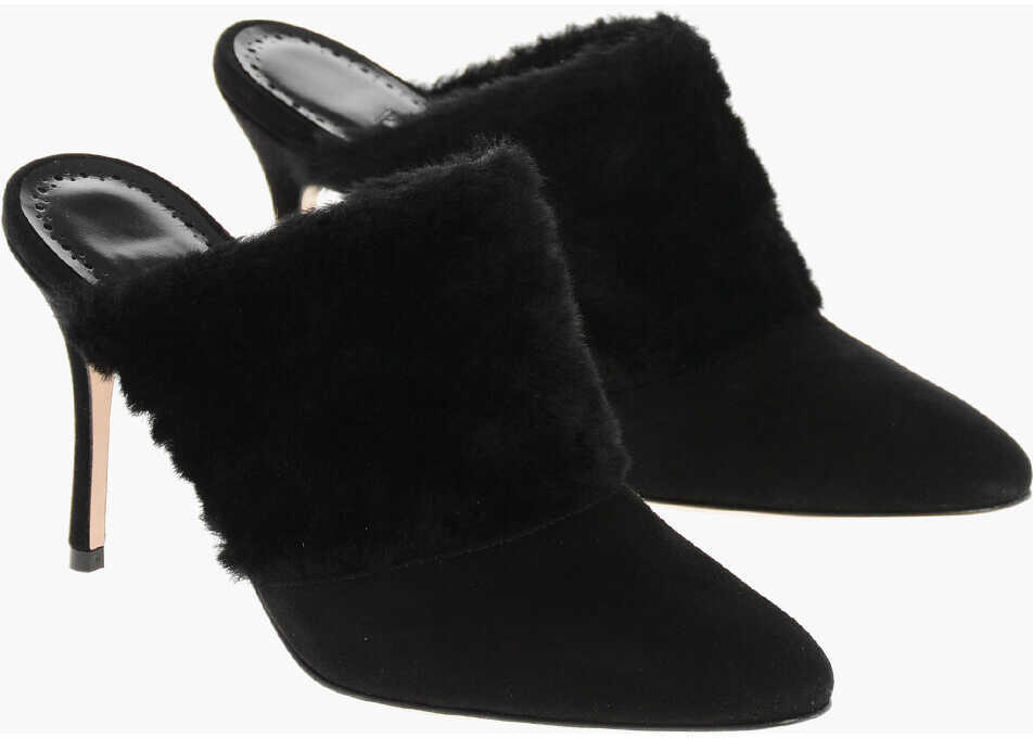 Saboti Manolo Blahnik Suede Pelos Mules With Eco-Fur Detail 10Cm Black Femei (BM 18951550) 1