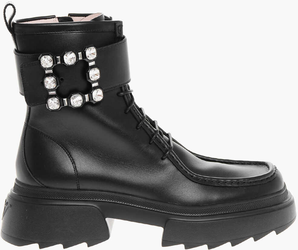 Botine Roger Vivier Leather Lace-Up Booties With Jeweled Buckle Black Femei (BM 18952468) 3
