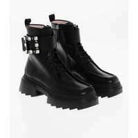 Botine Leather Lace-Up Booties With Jeweled Buckle Femei