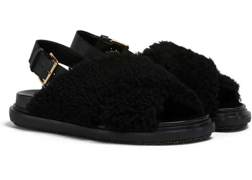 Sandale fara toc Marni Shearling Fussbett Slingback Sandals Black Femei (BM 18953557) 2