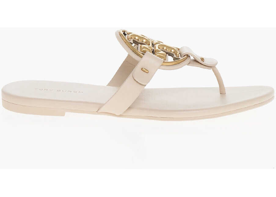 Sandale fara toc Tory Burch Leather Thong Sandals With Front Logo Beige Femei (BM 18953608) 3