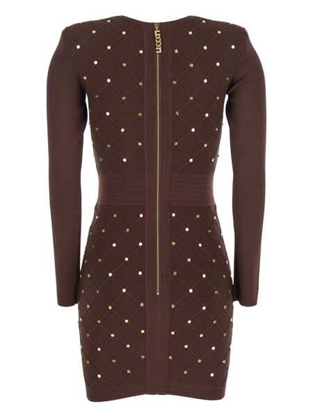 Rochii Elisabetta Franchi Brown Crewneck Diamond Quilted Dress With All-Over Embellishments In Wool Woman BROWN Femei (BM 18960324) 2