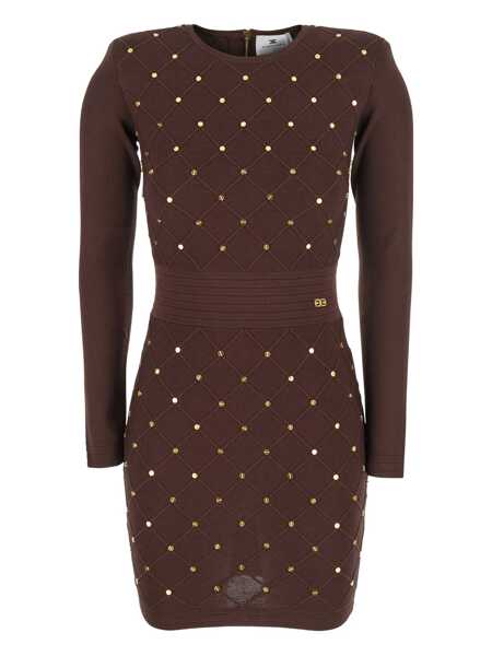 Rochii Elisabetta Franchi Brown Crewneck Diamond Quilted Dress With All-Over Embellishments In Wool Woman BROWN Femei (BM 18960324) 1