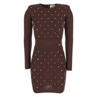 Rochii Elisabetta Franchi Brown Crewneck Diamond Quilted Dress With All-Over Embellishments In Wool Woman