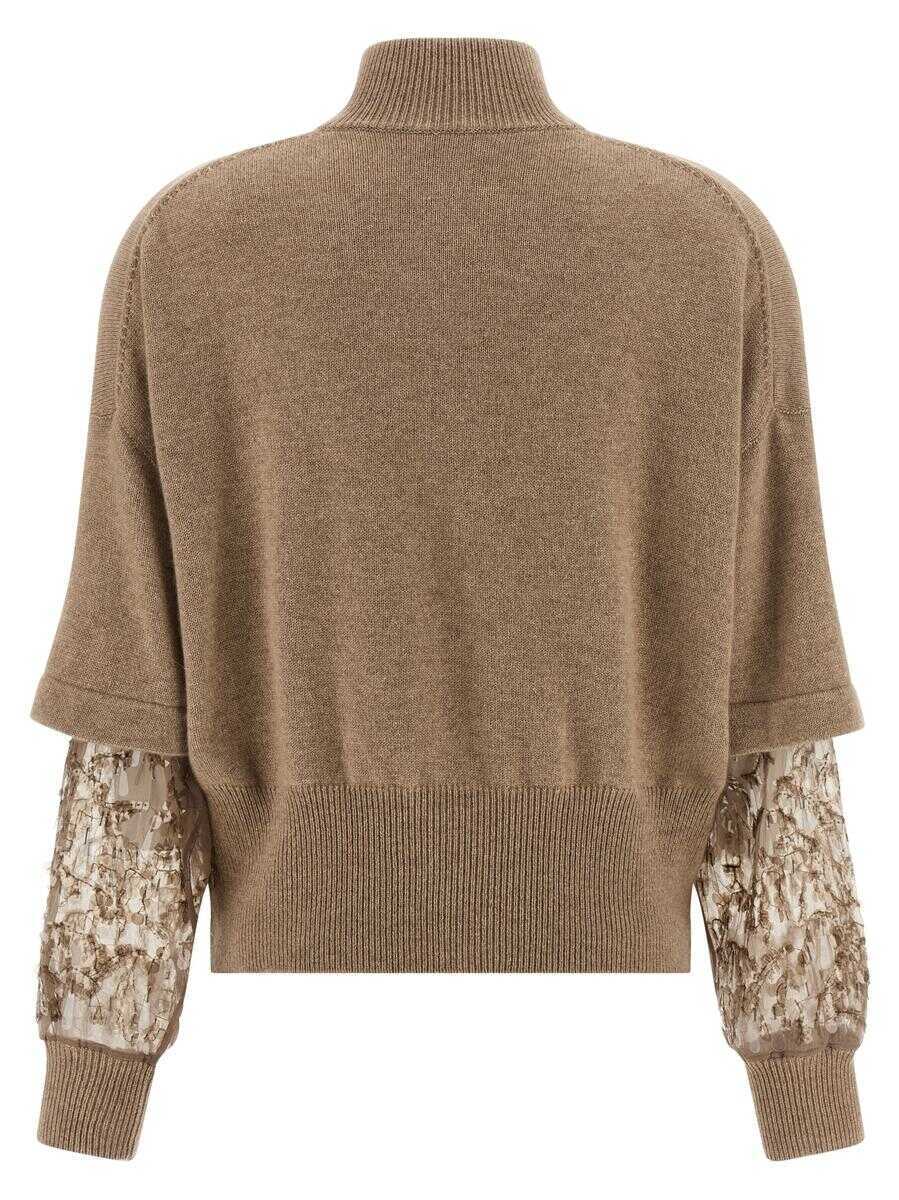 Cardigane Brunello Cucinelli Brunello Cucinelli Sequin Sleeve Cardigan Beige Femei (BM 18964608) 2