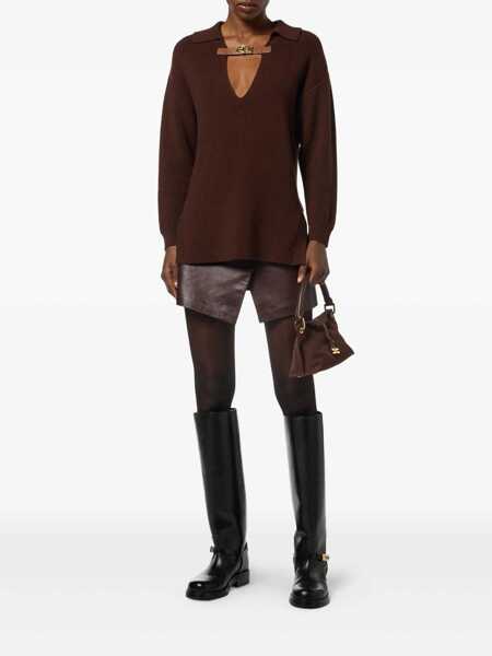 Tricouri Polo Elisabetta Franchi Brown Sweater With Polo Shirt Style Collar And Buckle Detail On The Front In Wool Blend Woman BROWN Femei (BM 18965076) 2
