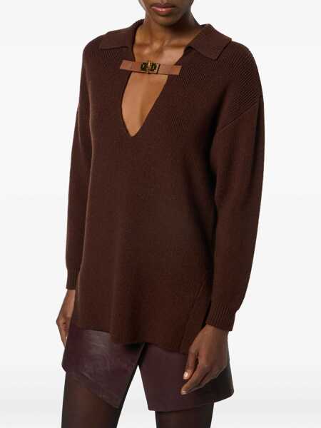 Tricouri Polo Elisabetta Franchi Brown Sweater With Polo Shirt Style Collar And Buckle Detail On The Front In Wool Blend Woman BROWN Femei (BM 18965076) 4