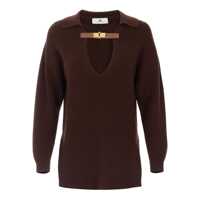 Tricouri Polo Elisabetta Franchi Brown Sweater With Polo Shirt Style Collar And Buckle Detail On The Front In Wool Blend Woman