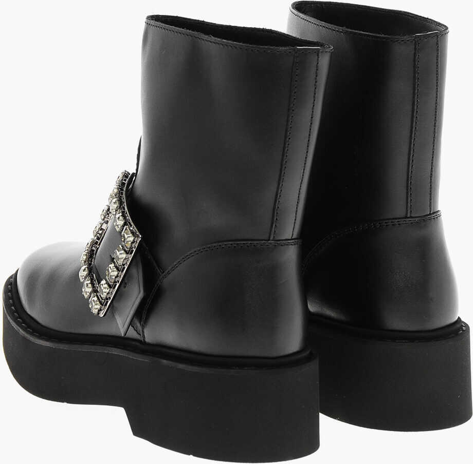 Botine Roger Vivier Leather Biker Booties With Jeweled Buckle Black Femei (BM 18967651) 2