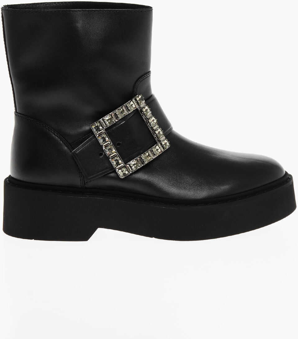 Botine Roger Vivier Leather Biker Booties With Jeweled Buckle Black Femei (BM 18967651) 3