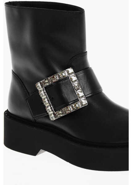 Botine Roger Vivier Leather Biker Booties With Jeweled Buckle Black Femei (BM 18967651) 4