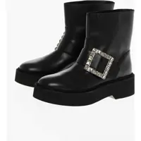 Botine Leather Biker Booties With Jeweled Buckle Femei