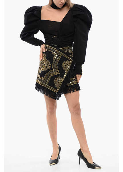 Fuste scurte Balmain Fringed Wrapped Mini Skirt With Studs Black Femei (BM 18968785) 4