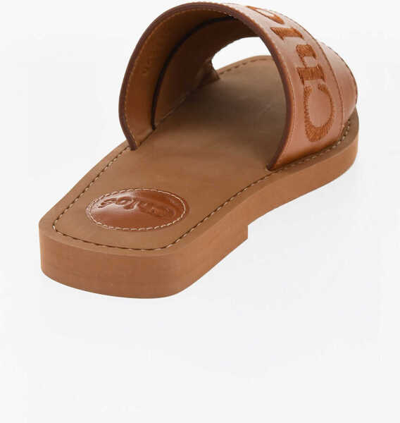 Sandale fara toc Chloe Leather Woody Slides With Embroidered Logo Brown Femei (BM 18968914) 2